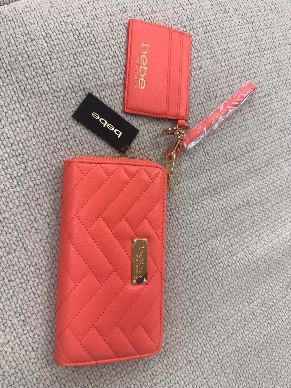 bebe Coral Quilted Wristlet Wallet and Card Case with Gold-Tone Accent